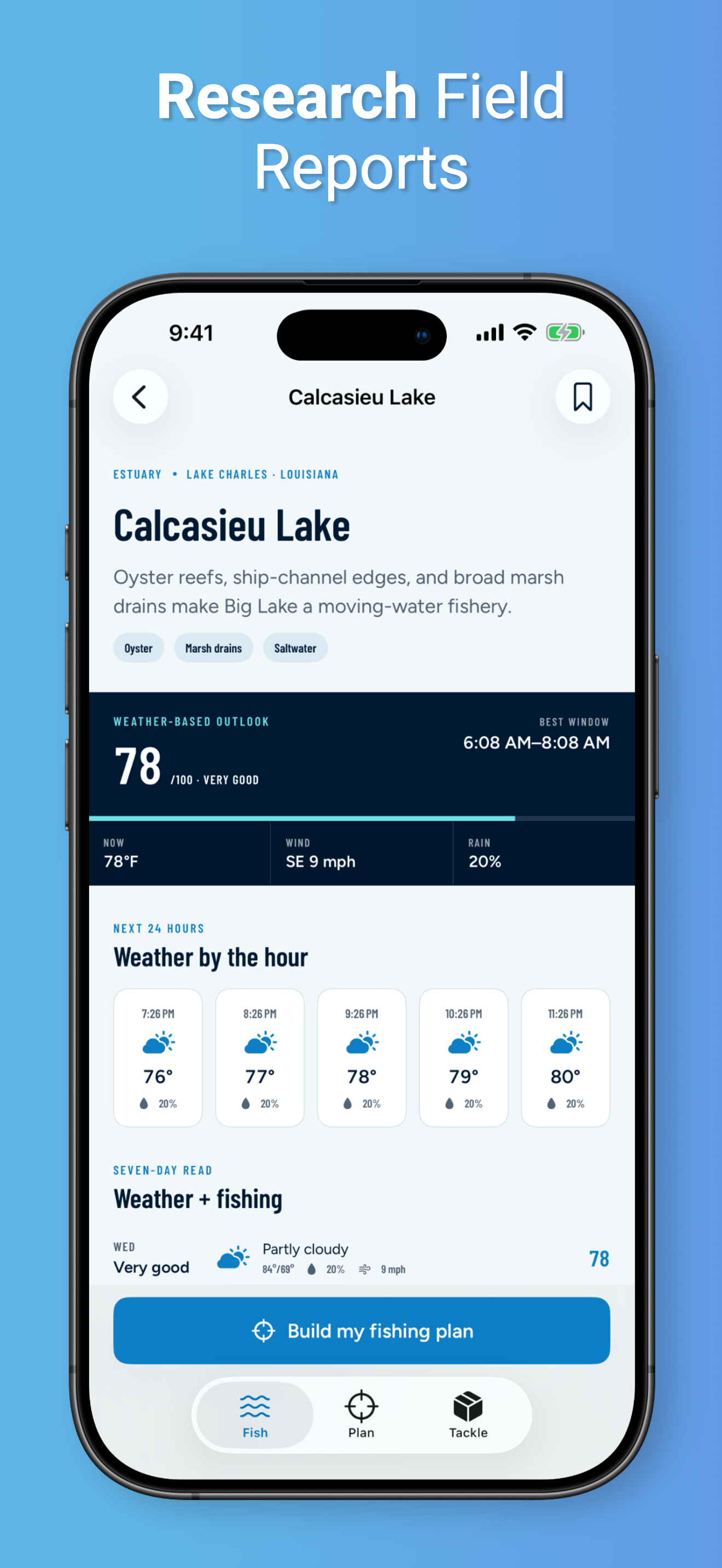 Geaux Fish field report showing Calcasieu Lake conditions and forecast